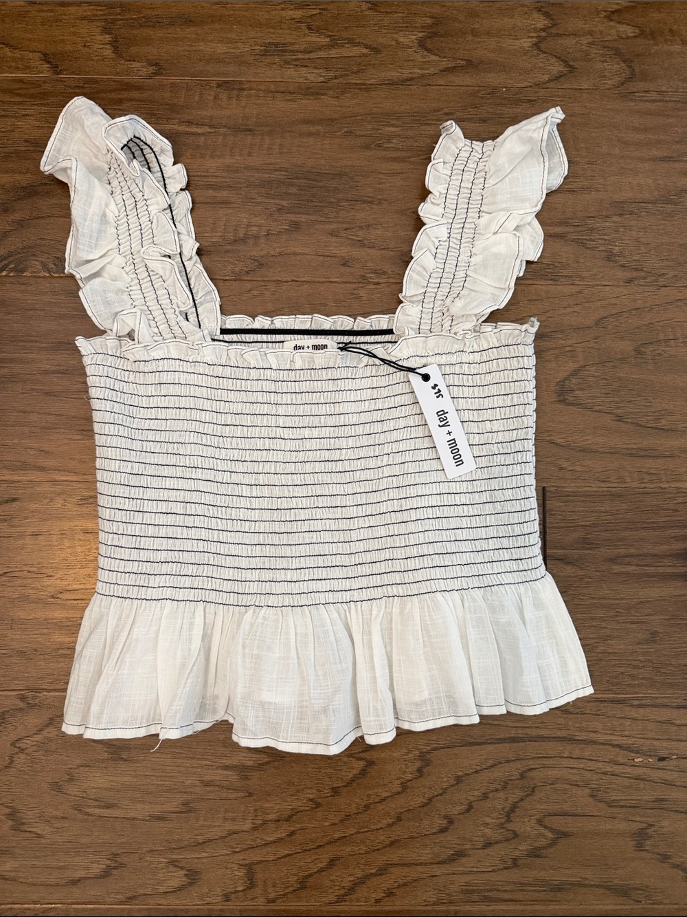 Day + Moon White Smocked Ruffle Peplum Tank Top M